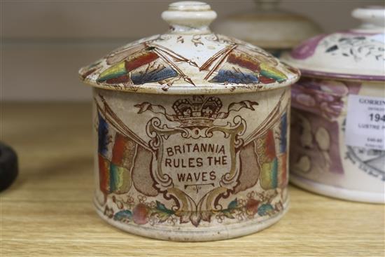 A Sunderland pink lustre jar and cover and two other jars and covers